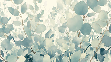 Botanical wallpaper with eucalyptus leaves creating calm bedroom atmosphere