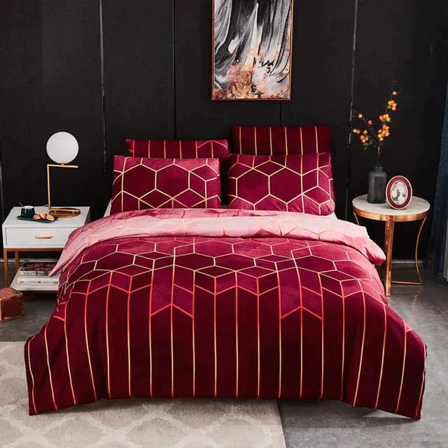 Geometric Cotton Duvet Cover  Burgundy Gold Pattern - Product showcase