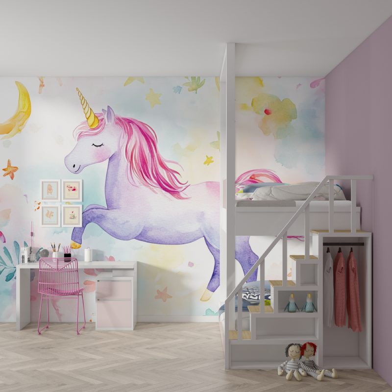 Unicorn Mural Wallpaper | Magical Watercolor with Stars and Moon