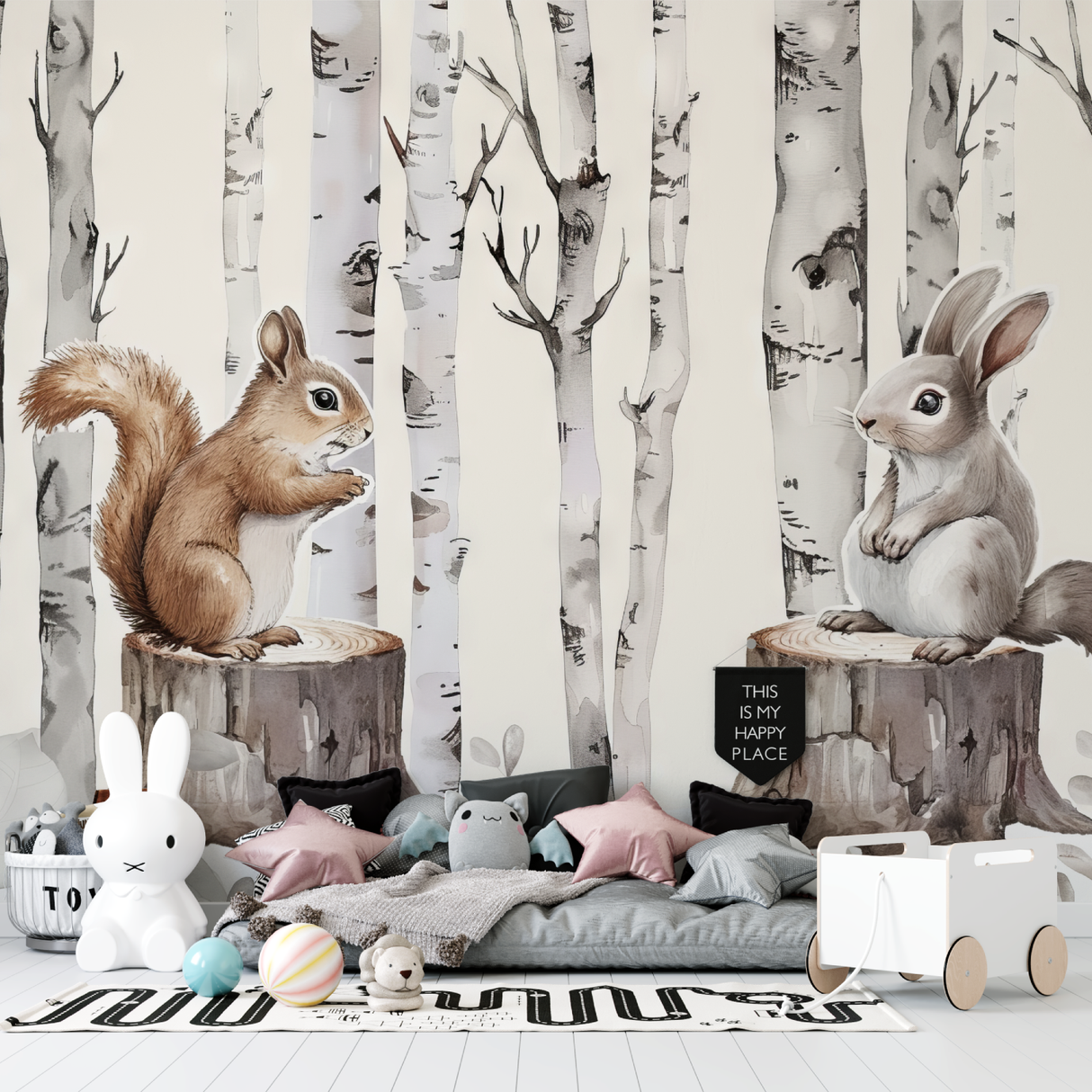 Forest Animals Mural Wallpaper | Bunny and Squirrel with Birch Trees