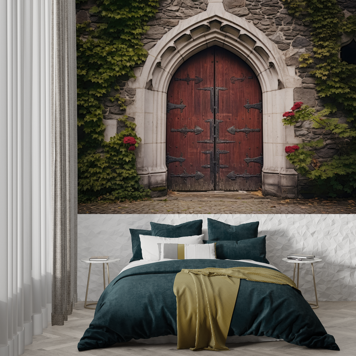 Gothic Door Mural Wallpaper | Ancient Stone Arch with Red Wood