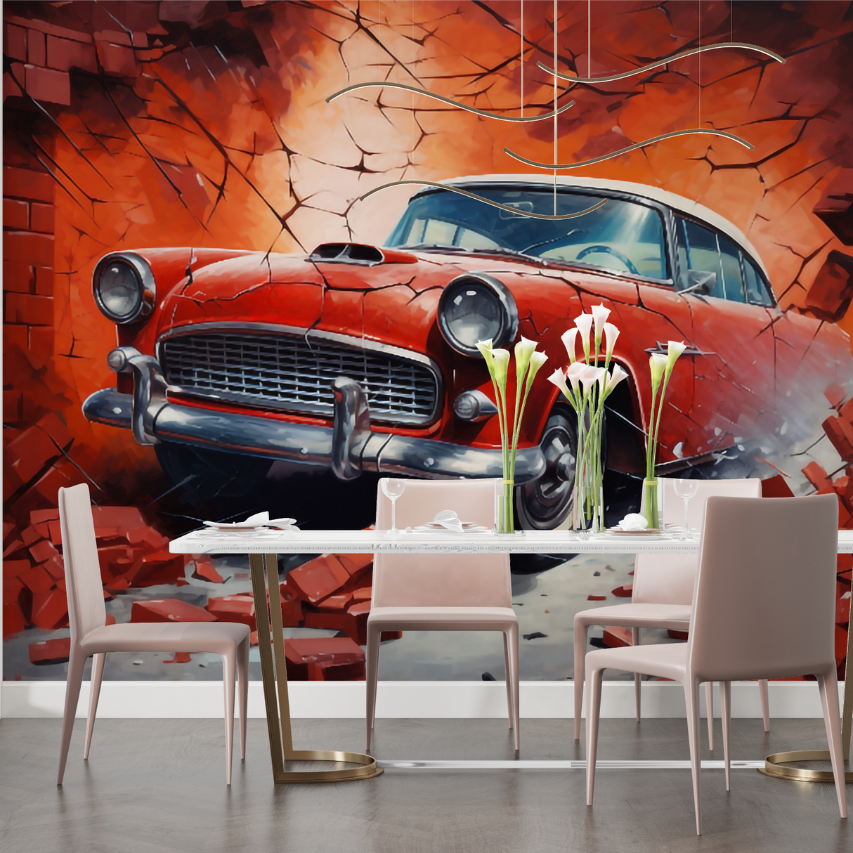 Vintage Car Mural Wallpaper | Classic Red Auto Breaking Through Brick Wall