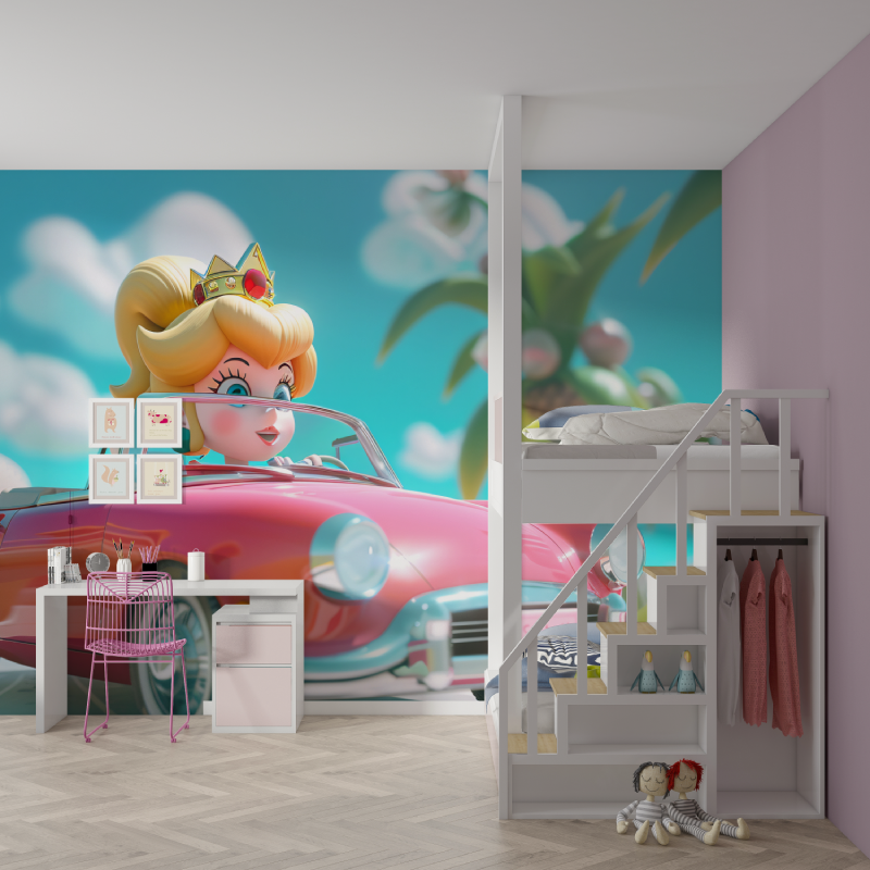 Princess Mural Wallpaper | Pink Convertible in Tropical Paradise