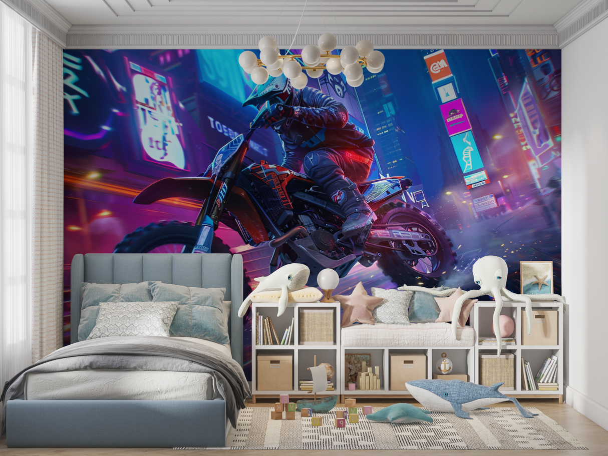 Cyberpunk Mural Wallpaper | Urban Motocross Night Scene