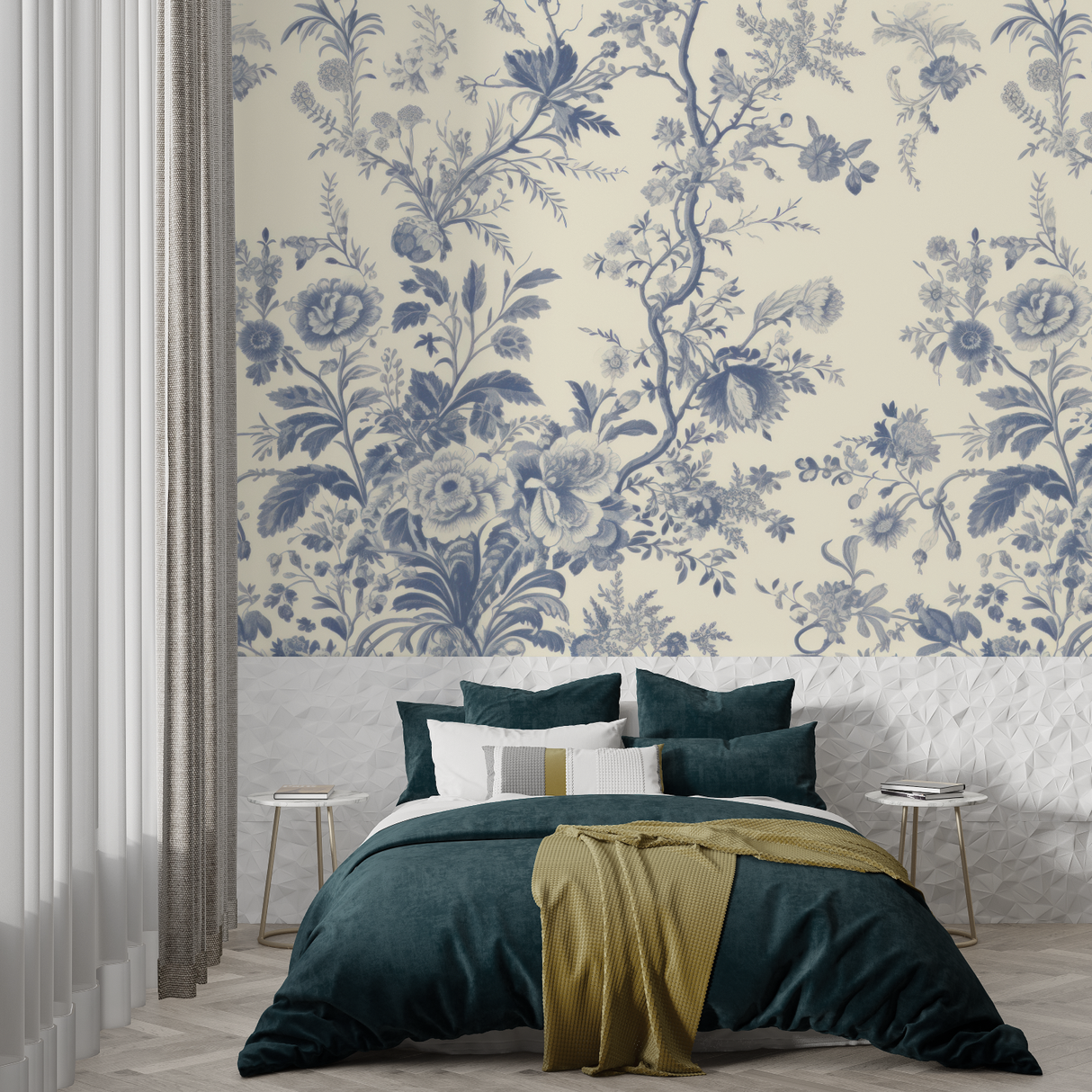 Floral Mural Wallpaper | Vintage Blue Toile de Jouy Pattern