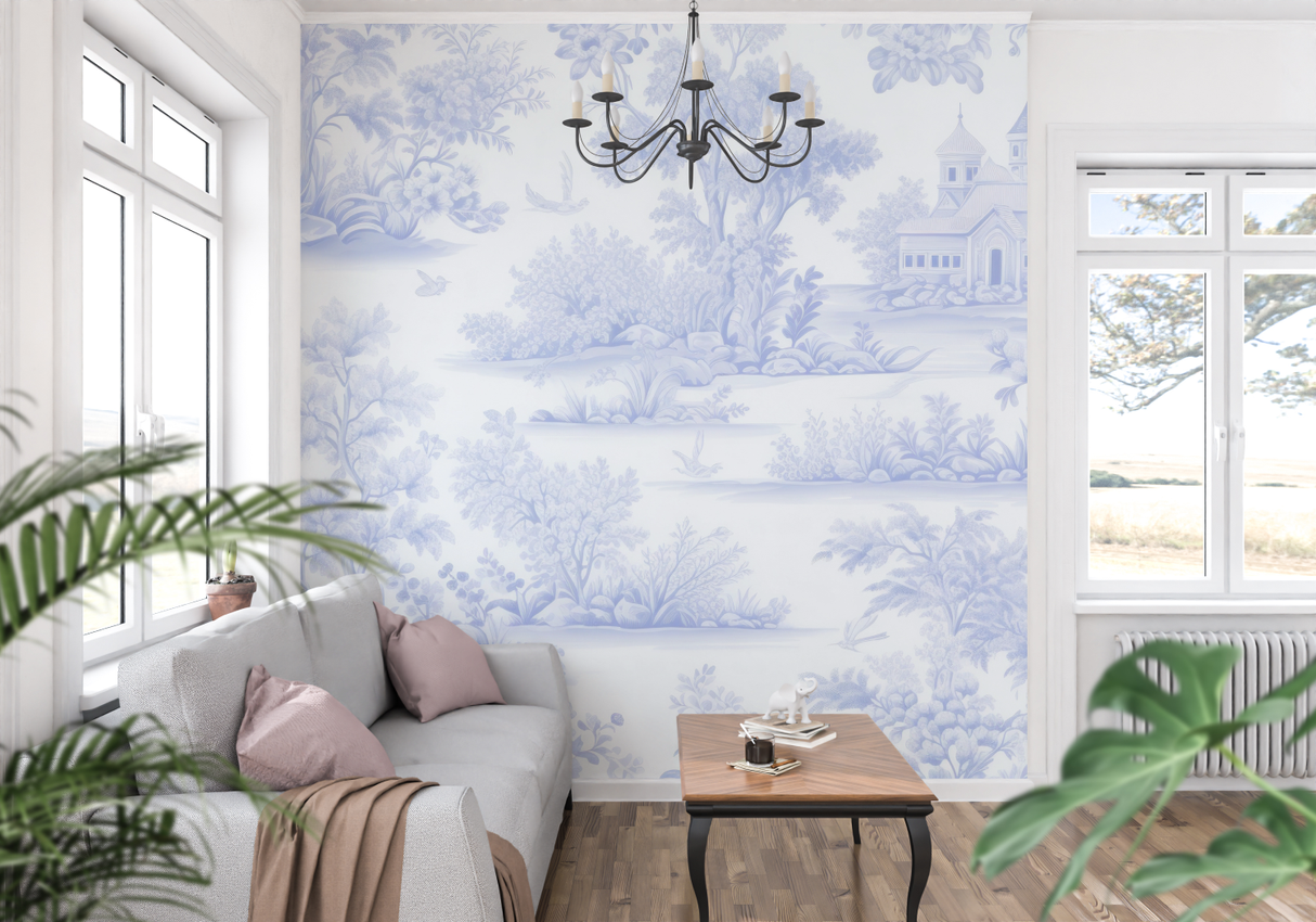 Vintage Mural Wallpaper | Blue Toile de Jouy Pattern