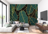 Tropical Mural Wallpaper | Emerald Green and Gold Leaves Pattern