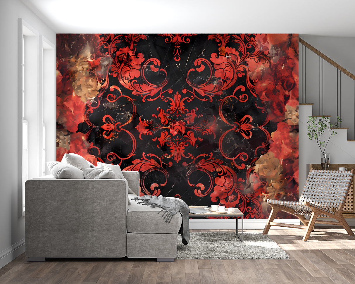 Baroque Mural Wallpaper | Red and Black Damask Pattern