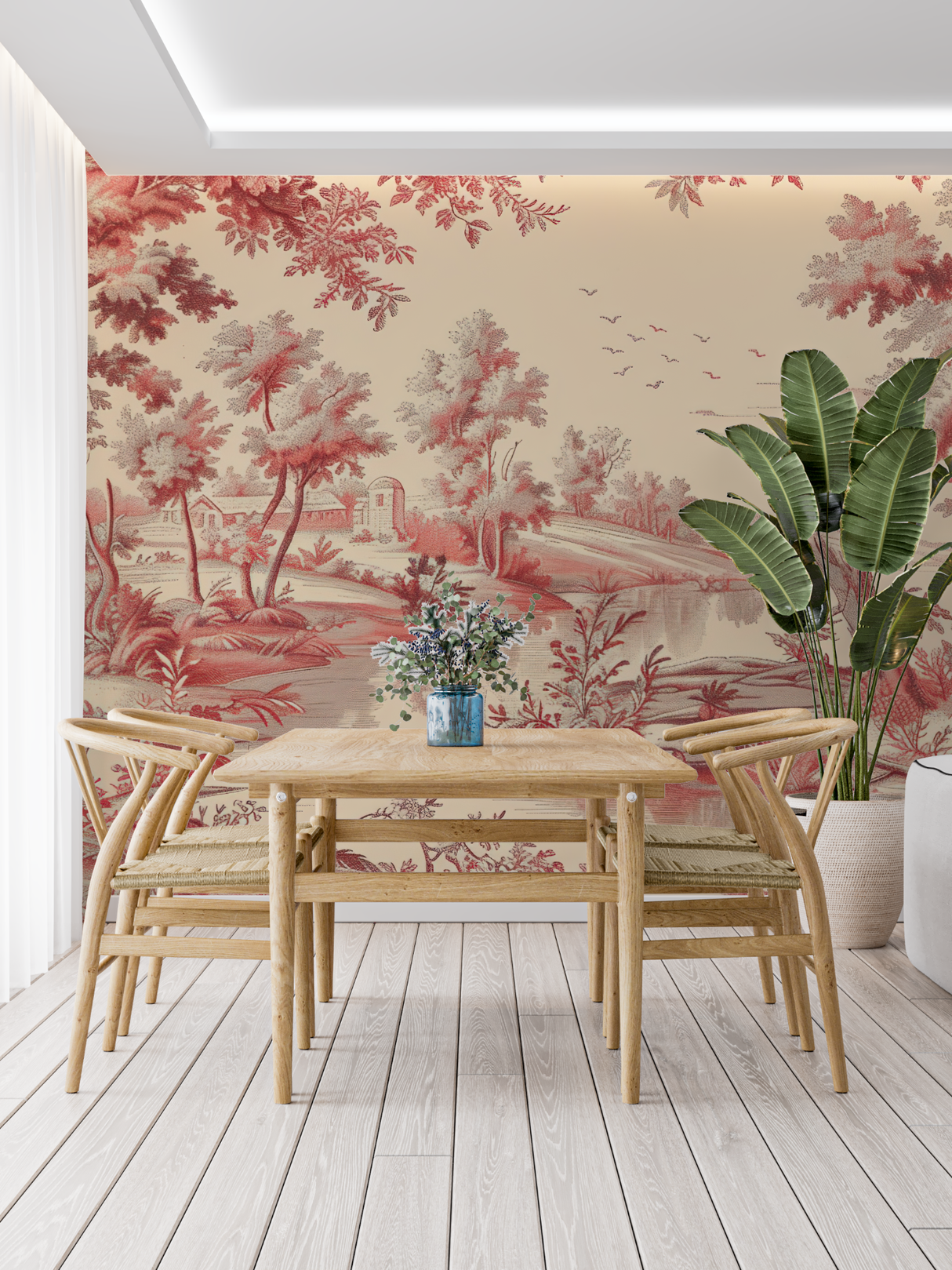 Toile de Jouy Mural Wallpaper | Classic French Countryside Scene in Red