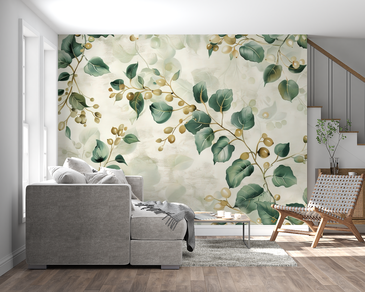 Floral Mural Wallpaper | Elegant Green Leaves with Golden Berries