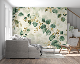 Floral Mural Wallpaper | Elegant Green Leaves with Golden Berries