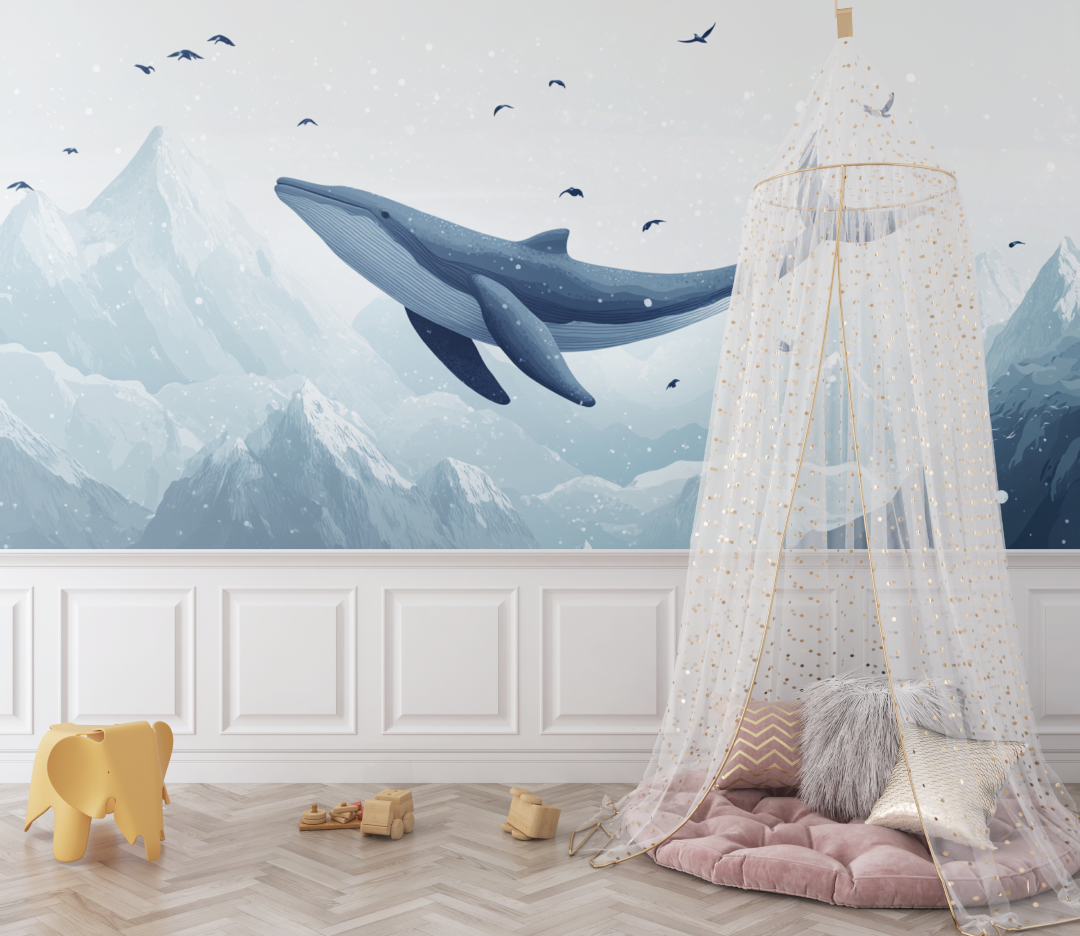Ocean Mural Wallpaper | Flying Whale Over Mountains