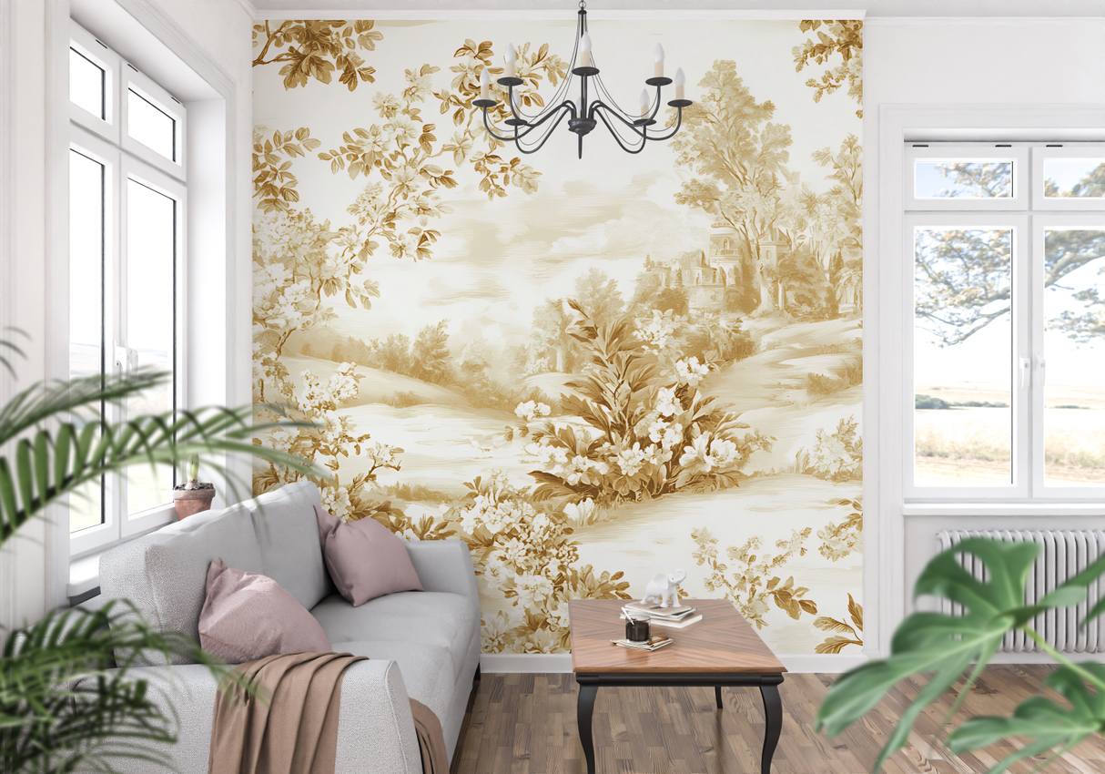 Vintage Mural Wallpaper | Golden Toile de Jouy Landscape