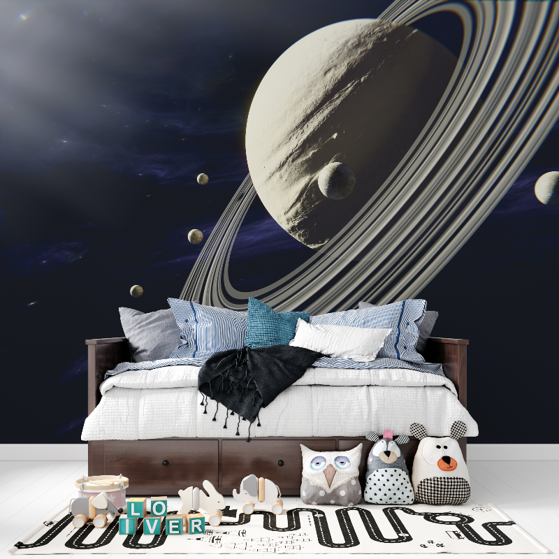 Space Mural Wallpaper | Saturn and Moons in Dark Universe