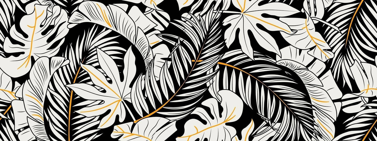 Papier Peint Mural Tropical | Monstera Noir et Blanc avec Accents Dorés
