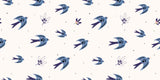 Birds Mural Wallpaper | Blue Swallows Pattern on White