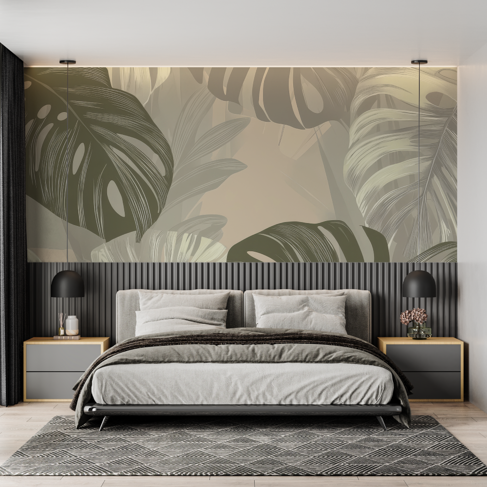 Monstera Mural Wallpaper | Elegant Green and Beige Design