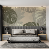 Monstera Mural Wallpaper | Elegant Green and Beige Design