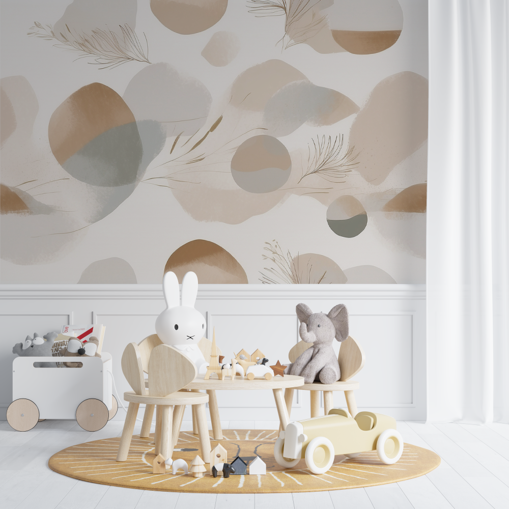 Abstract Mural Wallpaper | Beige Feather and Circles Design