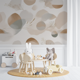 Abstract Mural Wallpaper | Beige Feather and Circles Design
