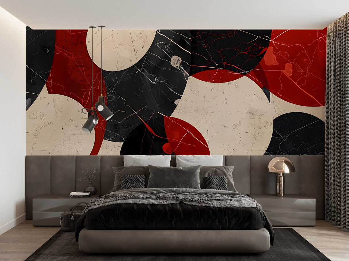 Abstract Mural Wallpaper | Modern Circles in Red and Black