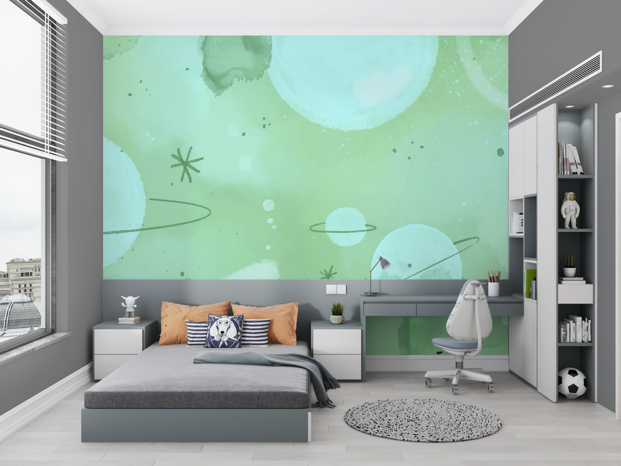 Space Mural Wallpaper | Mint Green Galaxy Design