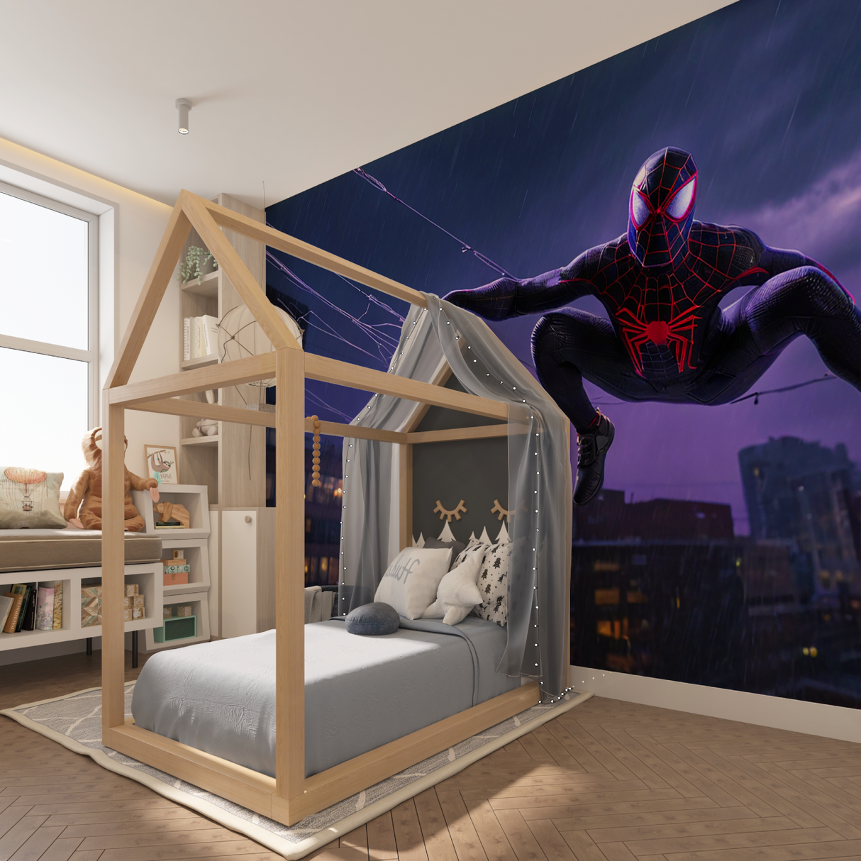 Night Superhero Mural Wallpaper | Spider Theme in Purple Rain