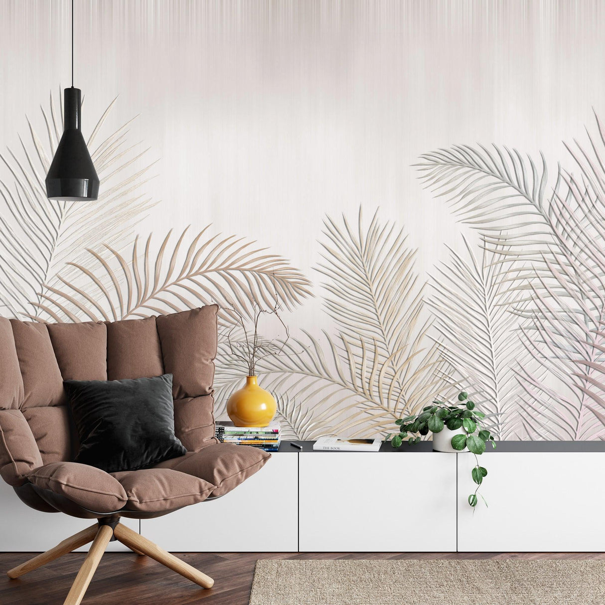 Palm Leaves Mural Wallpaper | Minimalist Beige Tropical Design