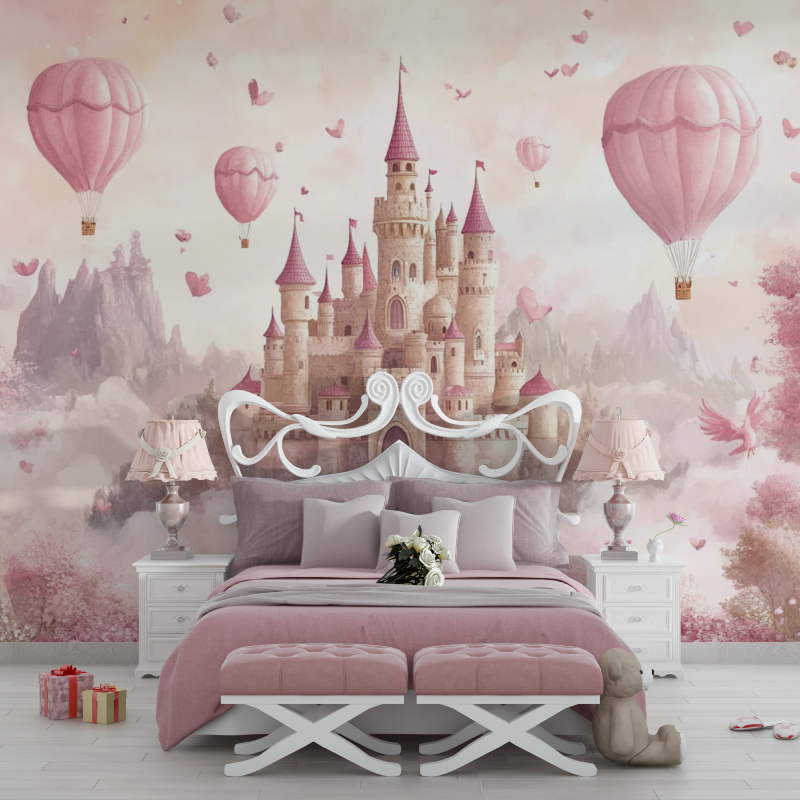 Princess Castle Mural Wallpaper | Pink Fantasy with Hot Air Balloons