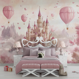 Princess Castle Mural Wallpaper | Pink Fantasy with Hot Air Balloons