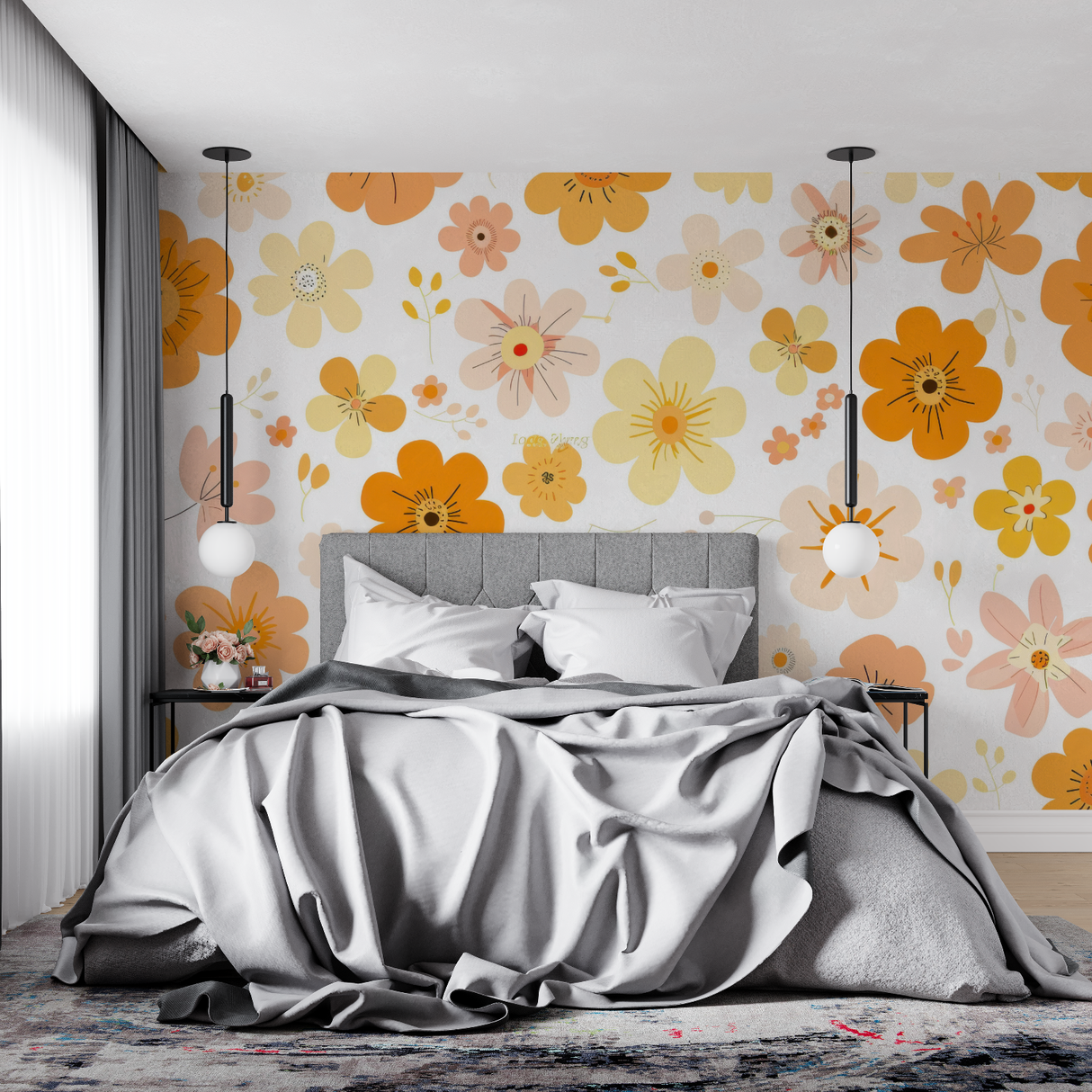 Floral Mural Wallpaper | Retro Orange and Yellow Blooms