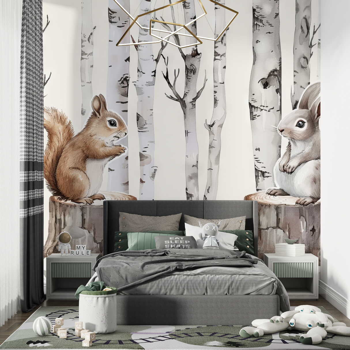 Forest Animals Mural Wallpaper | Bunny and Squirrel with Birch Trees