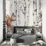 Forest Animals Mural Wallpaper | Bunny and Squirrel with Birch Trees