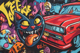 Street Art Mural Wallpaper | Urban Graffiti Cat and Classic Car