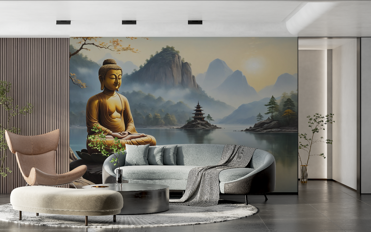 Japanese Mural Wallpaper | Zen Buddha with Mountain Lake