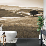 Landscape Mural Wallpaper | Sepia Tuscan Hills With Lone Tree