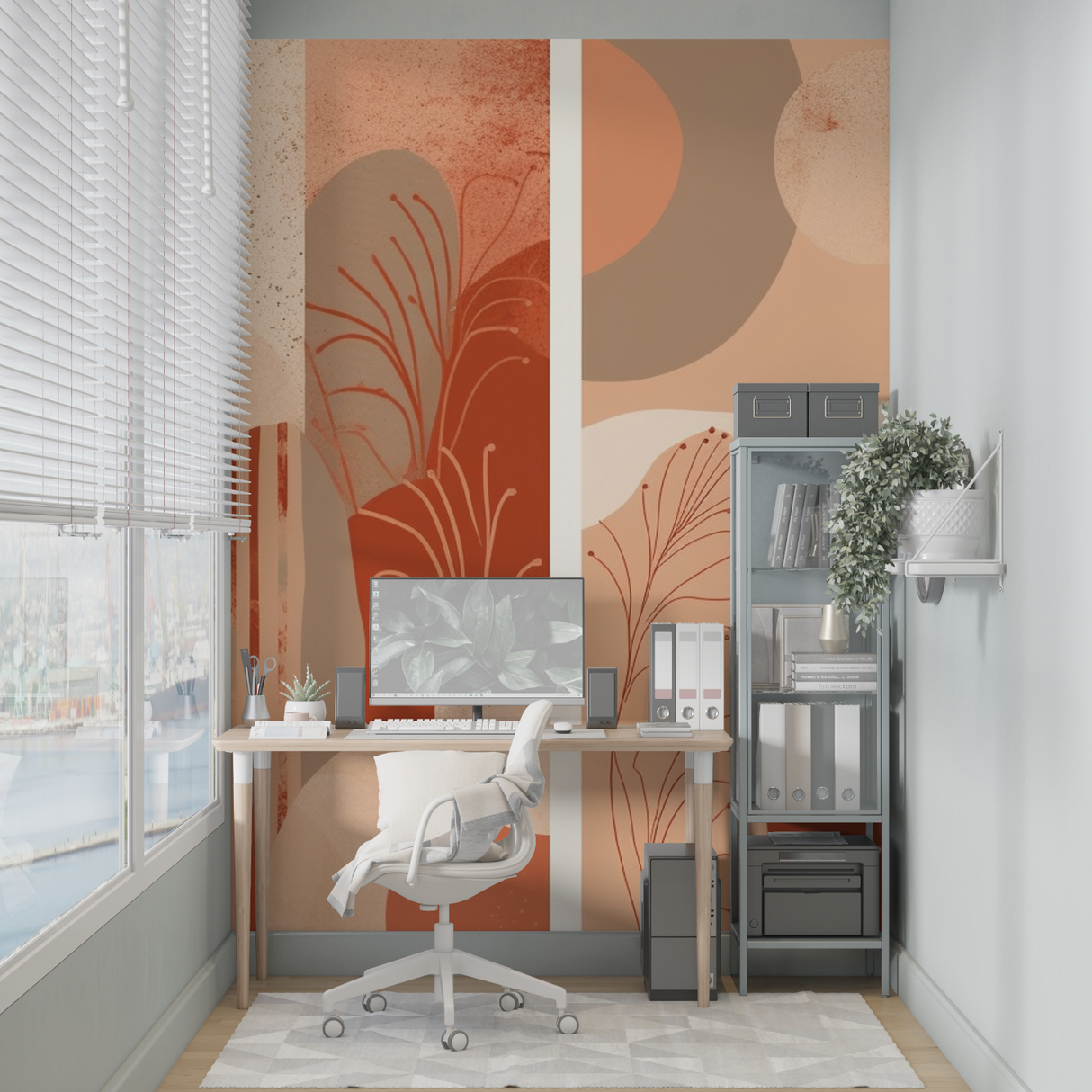 Abstract Mural Wallpaper | Terracotta Curves and Floral Design
