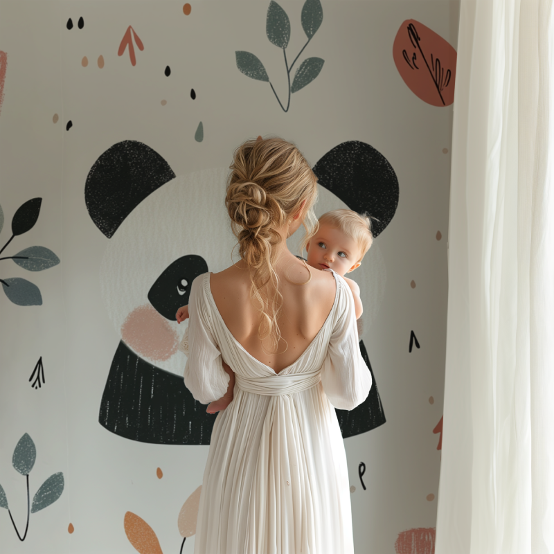 Panda Mural Wallpaper | Scandinavian Nature Design with Pink Accents