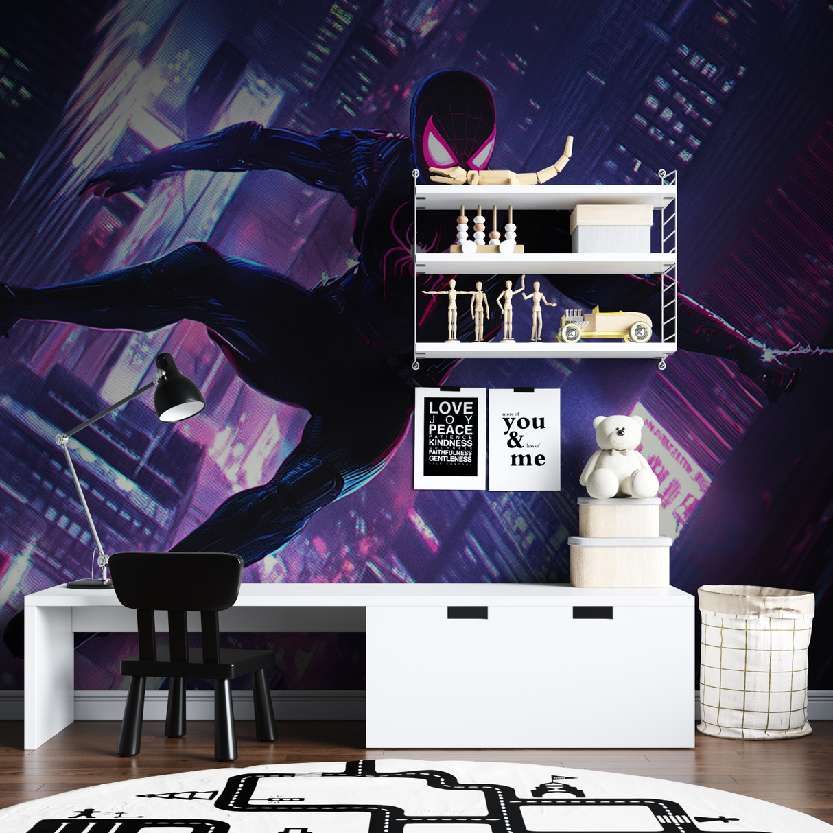 Superhero Mural Wallpaper | Neon Spider Theme City Night