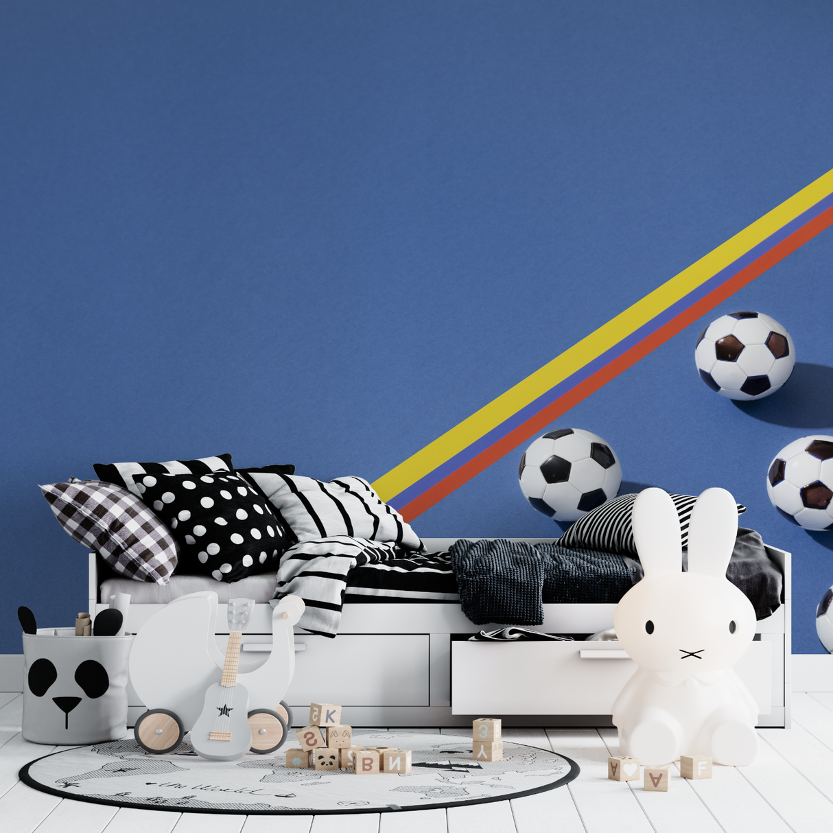 Football Mural Wallpaper | Blue Sporty Design with Rainbow Lines