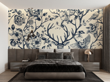 Forest Animals Mural Wallpaper | Deer and Floral Navy Pattern