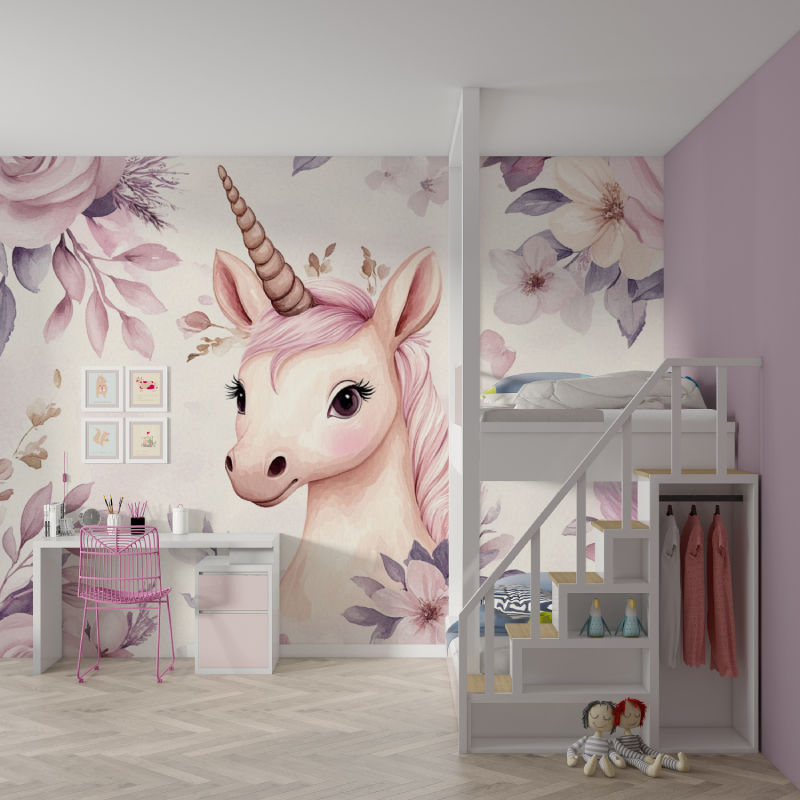 Unicorn Mural Wallpaper | Enchanted Pink Floral Design