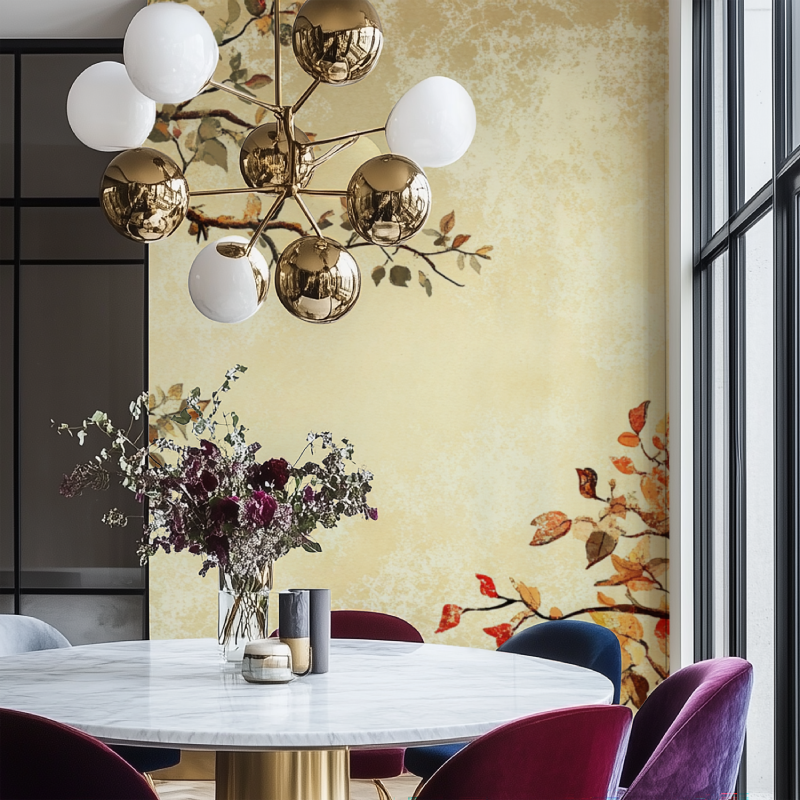 Japanese Tree Mural Wallpaper | Autumn Leaves on Beige Background
