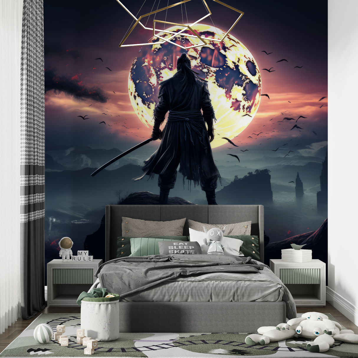Japanese Mural Wallpaper | Warrior Silhouette with Moon