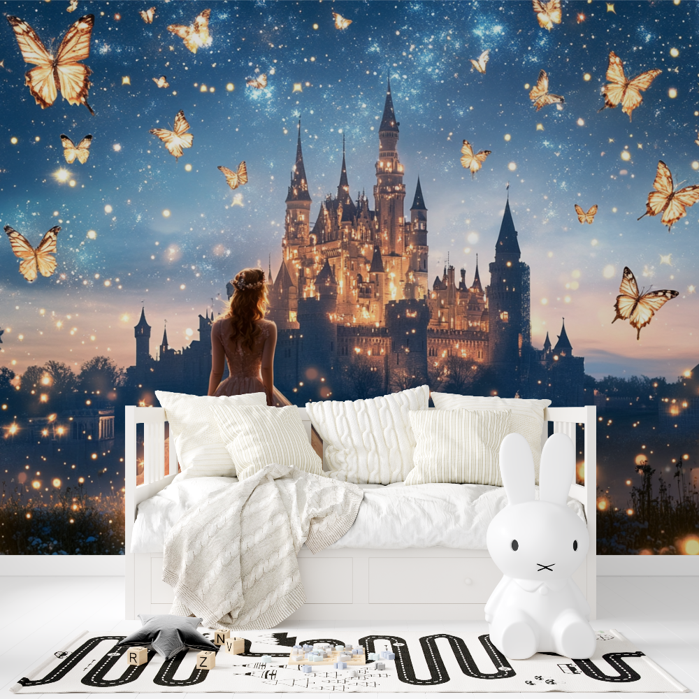 Princess Mural Wallpaper | Magical Castle with Golden Butterflies