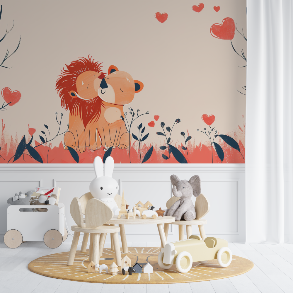 Lion Mural Wallpaper | Cute Couple with Hearts Design