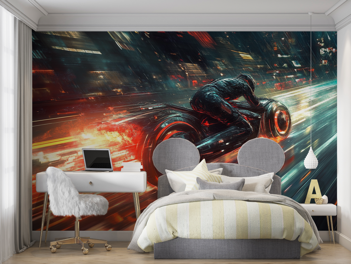 Sci-Fi Mural Wallpaper | Futuristic Motorcycle Speed Design