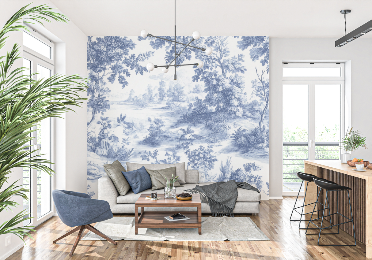 Vintage Mural Wallpaper | Blue and White Toile de Jouy Landscape