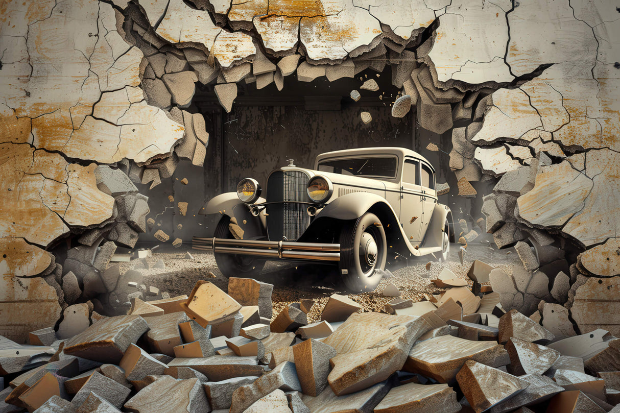 3D Car Mural Wallpaper | Vintage Automobile Breaking Through Wall
