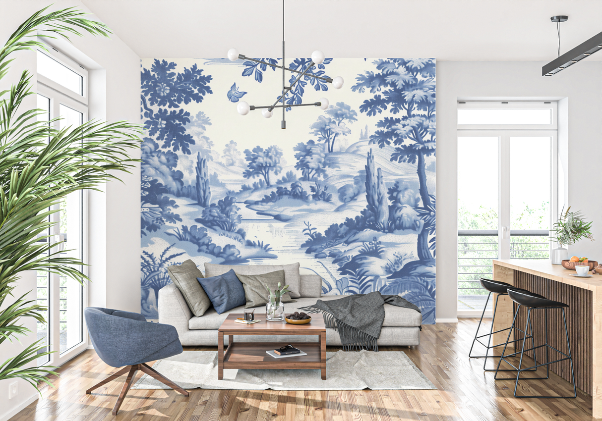 Toile de Jouy Mural Wallpaper | Blue and White Pastoral Scene